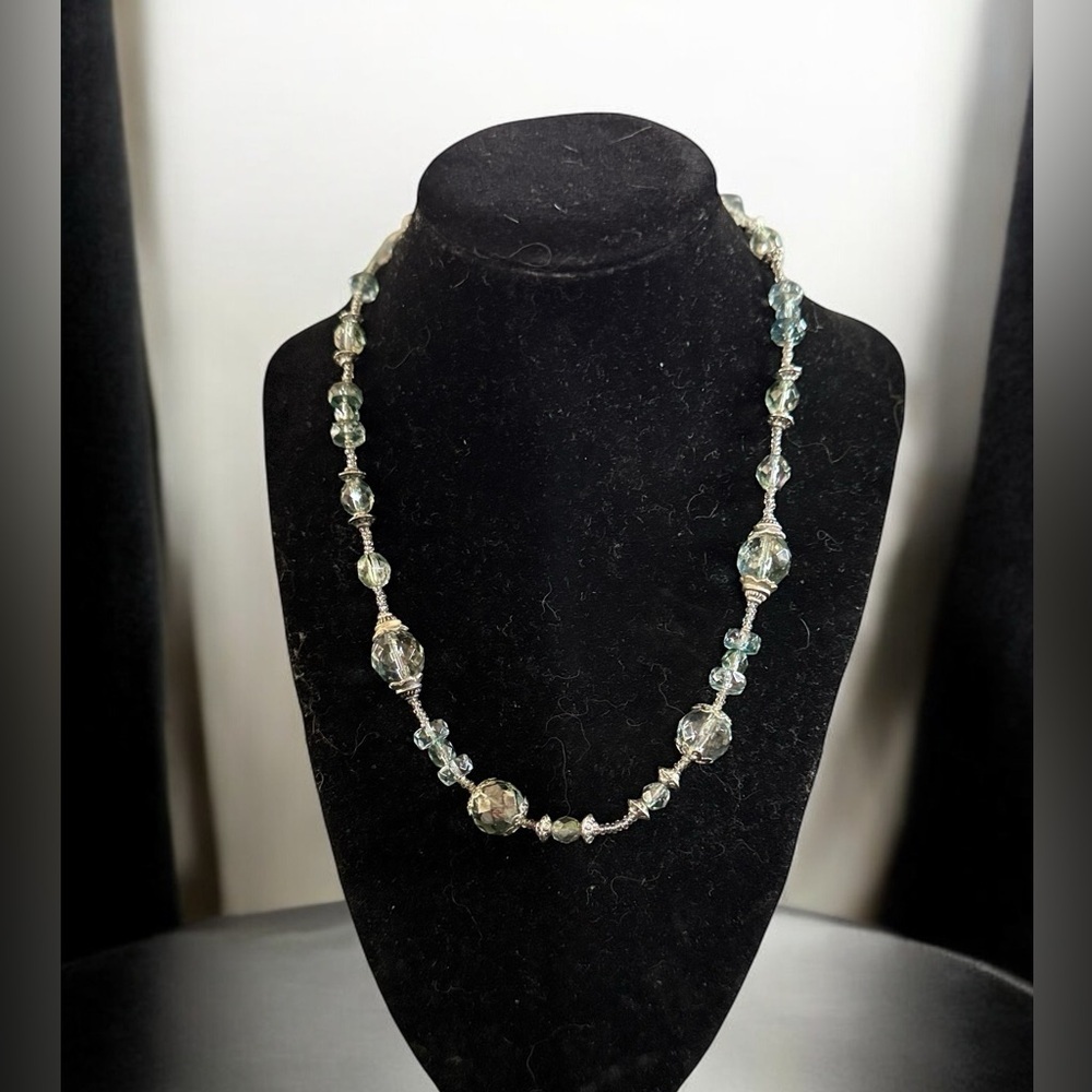 Handcrafted Teal & Silver Beaded Necklace with round faceted beads & seed beads